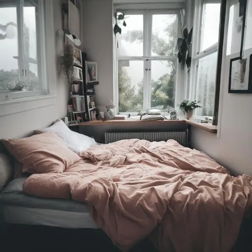 Prompt: bedroom small single bed angel, (((Rain and Thunder Outside window))) triangular nook, comfy throw pillows, soft comforter, books lying around, a sleeping tabby cat with eyes closed, glass windows