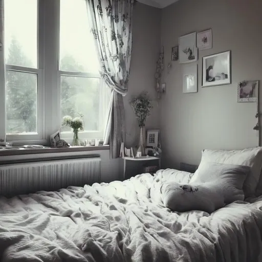 Prompt: bedroom small single bed angel, (((Rain and Thunder Outside window))), comfy throw pillows,  books lying around, a sleeping tabby cat with eyes closed, glass windows, photorealistic, teenage girl's bedroom,  (((Stormy Weather)))