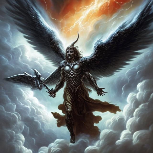 Prompt:  A majestic archangel, Satan , falling from the heavens amidst swirling clouds. His face reveals a fierce rebellion and torment radiance. The atmosphere is charged with,((BECOMING EVIL, RUDE,)) With other angles falling  out of the sky, Wings  falling  off