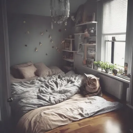 Prompt: bedroom small single bed angel, (((Rain and Thunder Outside window))) triangular nook, comfy throw pillows, soft comforter, books lying around, a sleeping tabby cat with eyes closed, , no bed, large glass windows