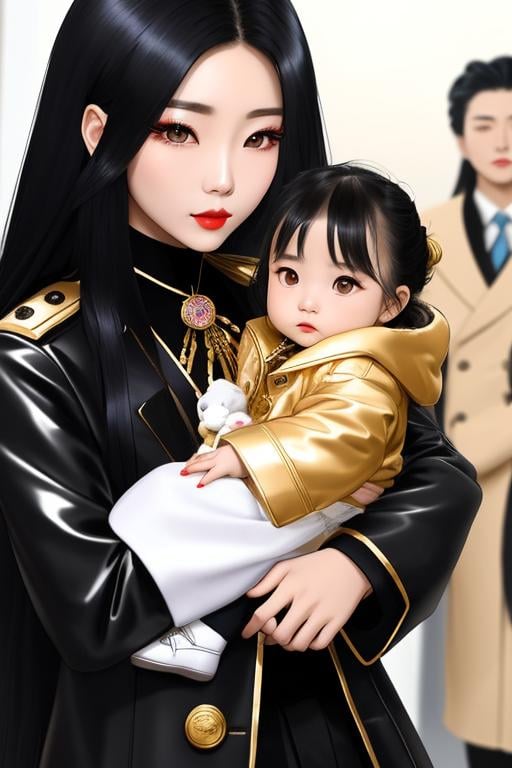 Prompt: beautiful Korean girl, Age=22, wearing only a gold black coat, blue long hairs in, dreamy and ethereal, rough Mafia Boss with the gang members in the background, fantasy, tough, rugged, rough, , ((holding a cute black baby girl,)) with the ((gang 50 members with guns in the background)), with bright red gloss lips, rosy cheeks, red lips, auburn brown hair,  soft skin, soft lighting, nice eyes, perfect body, coloured hair, symmetrical, full body, hyperrealistic, super careful, tulip warrior, in your hand, highly detailed, digital