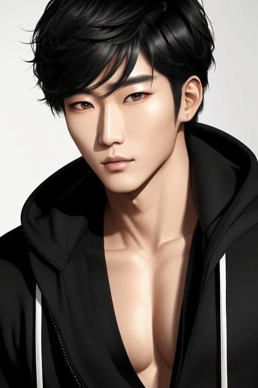 Prompt:  A portrait of a Create a hyper-realistic of a handsome korean male model with an 8K resolution. Your portrait should showcase the model's striking features, such as his chiseled jawline, captivating eyes, and flawless complexion, perfect body, wearing black hooded sweater and baggy cargo, detailed eye, detailed face, detailed iris, full body