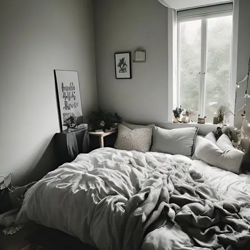 Prompt: bedroom small single bed angel, ((( Thunder Outside window))), comfy throw pillows,  books lying around, a sleeping tabby cat with eyes closed, glass windows, photorealistic,,  (((Stormy Weather)))