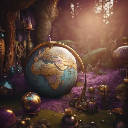 Prompt: Enchanted purple and brown  globe in the Fairyland Forest, Enchanting, Chic Modernist, Furry, close-up, textured, Faded, game icon, brilliant colours, surrealism, golden hour sun lighting, Hyperrealistic textures, intricate details, architectural visualization, Corona render, 8k