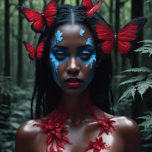 Prompt: a back woman with red makeup and blue eyes, with red paint stripes and fluid drops on her face, gothic art, a photorealistic painting, red makeup and blue eyes, with red paint stripes in the shape of a butterfly and fluid drops on her face, gothic art, a photorealistic painting, ((Cinematic)) ((photorealistic full-body portrait)) of a mysterious Black woman, a fusion of bright Reds ((floral)) and, wandering through an dark forest of bioluminescent ferns and glowing plants. This unique being, with a body covered in small Origami butterflies and intricate gears, has piercing, green eyes that emit an eerie, mesmerizing light. It explores the surreal, shadowy landscape, a realm where nature and technology coexist in a sinister harmony. Delicate, dark flowers intertwined with polished.
A hyper realistic full body image.full color black girl, A hyper realistic full body image. A surreal landscape, bright  gloss lips, rosy cheeks, voluminous black hair, CGI, fantasy genre, mature woman.
