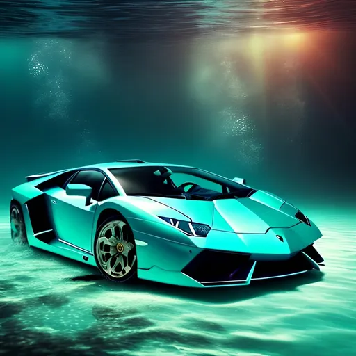 Prompt: Extra-wide angle full underwater 4k shot of a Lamborghini deeply submerged in water. Studio lighting, dark-cyan background, bubbles, particulate, futuristic, (((Lamborghini, floating on water, the night sky in the background)))