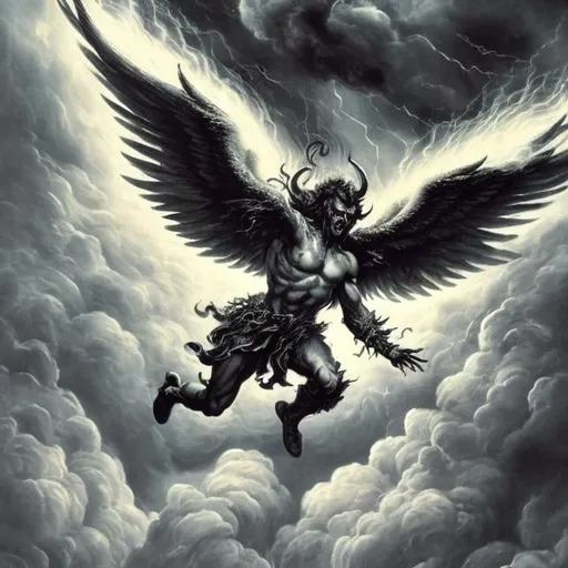Prompt:  A majestic archangel, Satan , falling from the heavens amidst swirling clouds. His face reveals a fierce rebellion and torment radiance. The atmosphere is charged with,((BECOMING EVIL, RUDE,)) With other angles falling  out of the sky