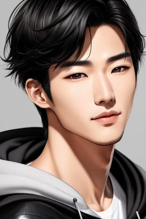 Prompt:  A portrait of a Create a hyper-realistic of a handsome korean male model with an 8K resolution. Your portrait should showcase the model's striking features, such as his chiseled jawline, captivating eyes, and flawless complexion, perfect body, wearing black hooded sweater and baggy cargo, detailed eye, detailed face, detailed iris,