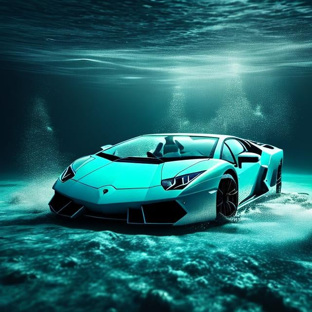 Prompt: Extra-wide angle full underwater 4k shot of a Lamborghini deeply submerged in water. Studio lighting, dark-cyan background, bubbles, particulate, futuristic, (((Lamborghini, floating on water, the night sky in the background)))