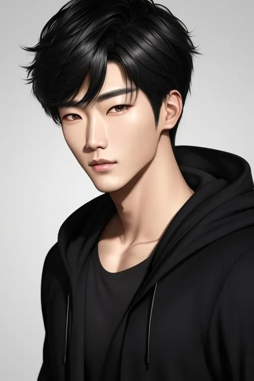 Prompt:  A portrait of a Create a hyper-realistic of a handsome korean male model with an 8K resolution. Your portrait should showcase the model's striking features, such as his chiseled jawline, captivating eyes, and flawless complexion, perfect body, wearing black hooded sweater and baggy cargo, detailed eye, detailed face, detailed iris, full body