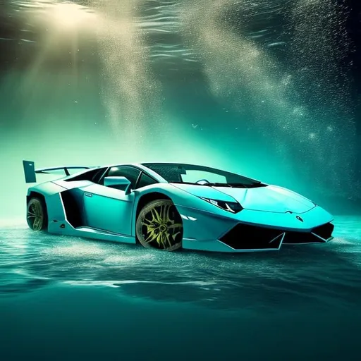 Prompt: Extra-wide angle full underwater 4k shot of a Lamborghini deeply submerged in water. Studio lighting, dark-cyan background, bubbles, particulate, futuristic, (((Lamborghini, floating on water, the night sky in the background)))