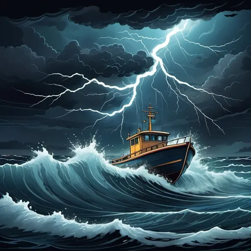 Prompt: (cartoon style) thunderstorm at sea, ominous dark clouds, vibrant flashes of lightning illuminating the turbulent waves, a small boat struggling against the powerful tides, dynamic water splashes, chilling atmosphere, moody and dramatic ambiance, high-quality illustration, striking contrast between dark hues and electric highlights.