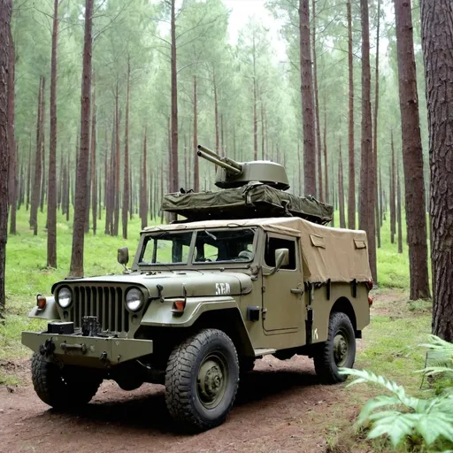 Prompt: Army's cars in the forest
