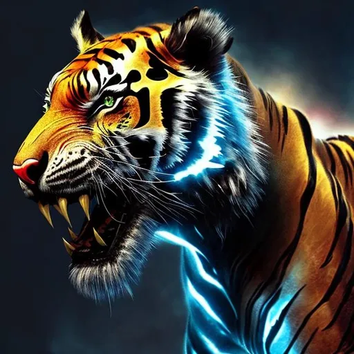Prompt: Picture a creature with the sleek and muscular body of a tiger, adorned with dragon-like scales and perhaps even dragon wings. Its fur may have vibrant, iridescent colors reminiscent of dragon scales, and its eyes could glow with an otherworldly intensity. This Tiger-Dragon hybrid might possess the agility and predatory instincts of a tiger, enhanced by the ability to breathe fire or wield elemental powers associated with dragons. In mythology, this creature could be revered as a symbol of strength, wisdom, and awe-inspiring beauty, representing the harmonious fusion of two powerful and revered beings.