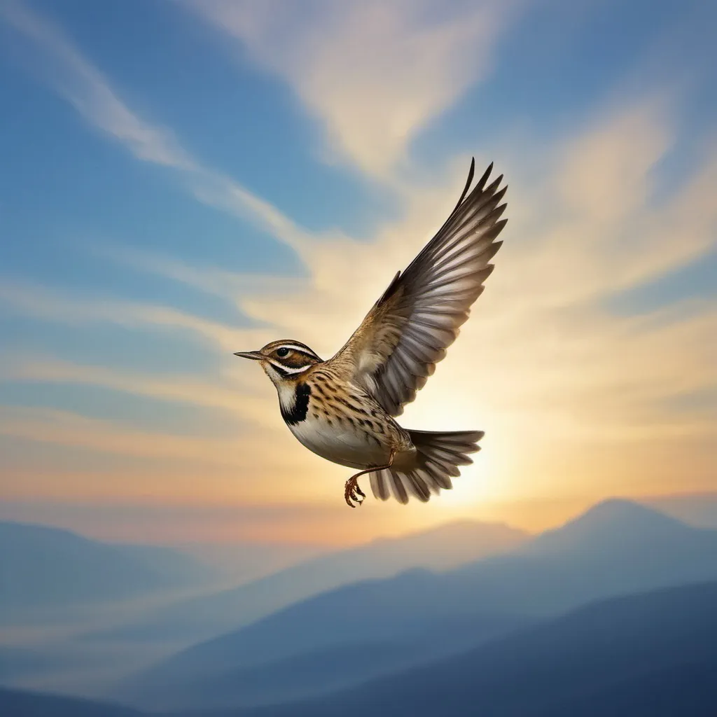 Prompt: In the azure canvas of the morning sky,
A skylark dances, free to soar and fly.
Its melody, a hymn to the waking day,
Notes of joy and freedom, a serenade at play.

A tiny maestro with feathers of gold,
In the sunlit tapestry, a story unfolds.
Graceful ascents, a ballet in the air,
A winged poet composing, beyond compare.

With each flutter, a lyric takes flight,
Echoing through heavens, pure and bright.
Carving verses in the boundless blue,
The skylark's song, a symphony anew.

Oh, feathered minstrel in the vast expanse,
Your melody weaves a magical dance.
In the open skies, your spirit embarks,
A timeless ode, sung by the skylark.