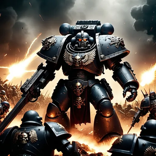 Prompt: (cinematic scene of a fantasy battle), Warhammer 40k, chaotic marines versus Emperor of Mankind and his army, dark and gritty atmosphere, intense action, dramatic lighting, high contrast, apocalyptic destruction, epic detail, ultra-detailed, HD quality, ominous clouds, sparks flying, loyalist troops in power armor, vivid chaos symbols, tension and rivalry palpable.