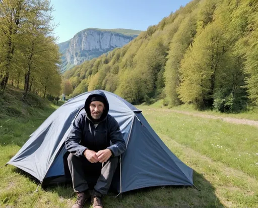 Prompt: Robber Willy camping in the Jura with tent