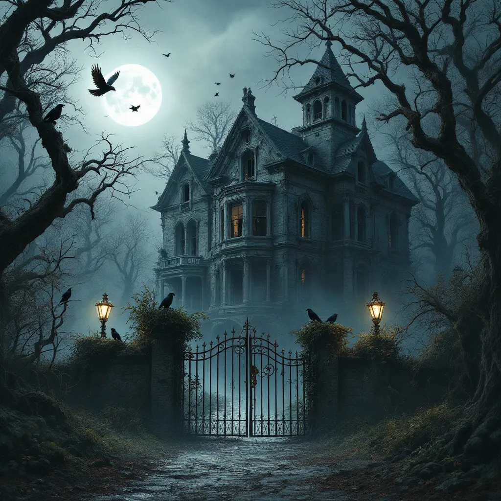 Prompt: A dark, abandoned mansion in the middle of a dense forest at night. The old building has broken windows, cracked walls, and a rusted iron gate. A full moon casts an eerie glow, and mist surrounds the area. The atmosphere is spooky, with crows sitting on dead trees and an owl flying in the background."