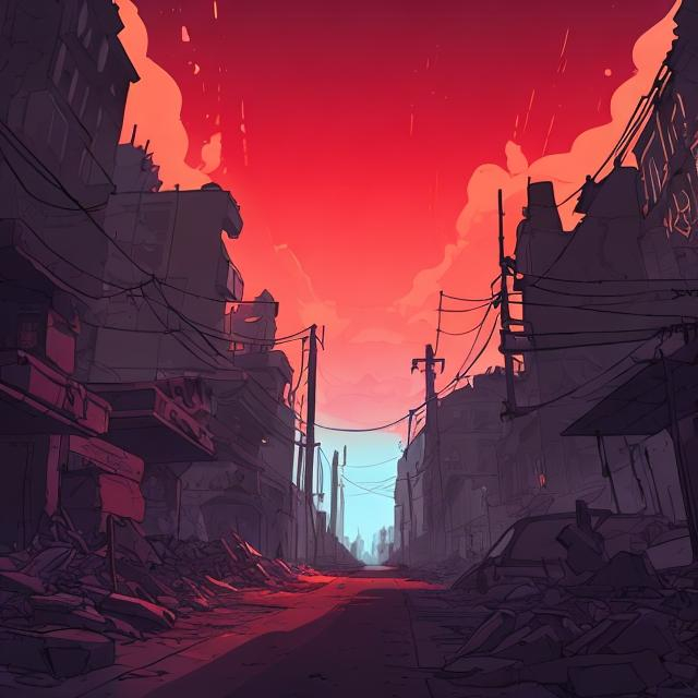 Prompt: post-apocalyptic narrow city streets, modern road and some destroyed buildings, in the style of the video game "Journey", dark and gloomy, stylized
