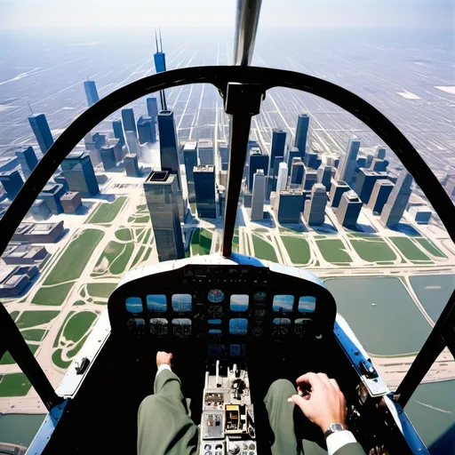 Prompt: a man flying a plane at the sears tower in the cockpit perspective

