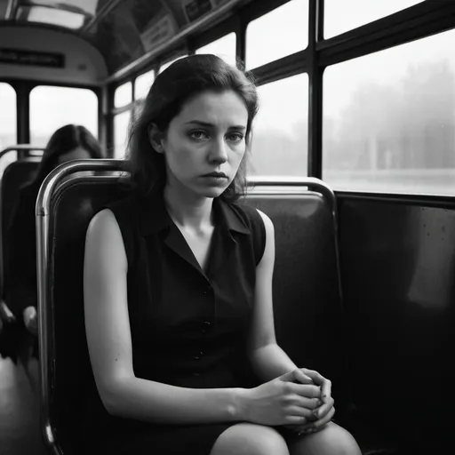 Prompt: Photo of woman sitting on a bus, dramatic in the style of Dirk Braeckman, B&W