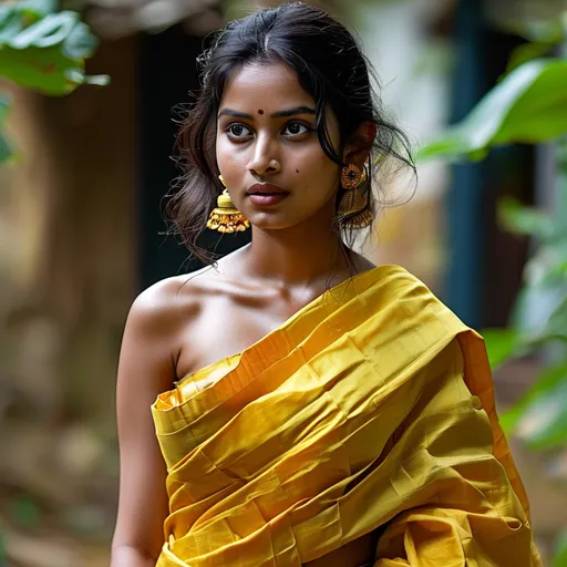 Prompt: Try kerala actress yellow dress big brest dress do not cover full brest cover little bit with silky skin  color smoothy white