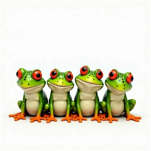 Prompt: A vivid assembly of cartoon-style frogs showcases their whimsical charm, each sporting bright green skin with distinct patterns of darker spots and large, expressive red eyes that bring them to life. Arranged in a row, the first frog sits alert with a slight head tilt, while the second appears relaxed, its hands resting on its thighs, conveying a sense of ease. The third frog, slightly turned, seems to be curiously observing its surroundings, and the last one holds a confident stance, looking straight ahead. The playful composition features vibrant colors against a clean white background, enhancing the frogs' lively expressions and inviting a sense of joy and lightheartedness in the viewer.