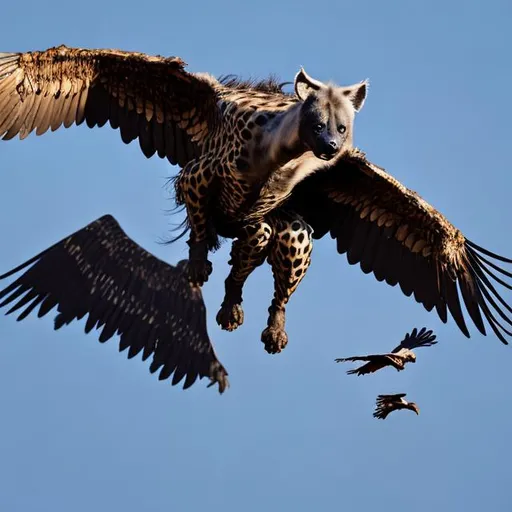 Prompt: A flying HYena with vulture wings high in the sky
