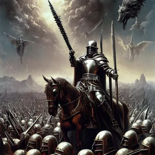 Prompt: Surrealism illustration of Christ as a Templar knight, intense battle scene with a million armed men, surrealistic style, oil painting, detailed armor and weaponry, dramatic lighting, high quality, intense action, surrealism, historical, detailed armor and weaponry, dramatic lighting