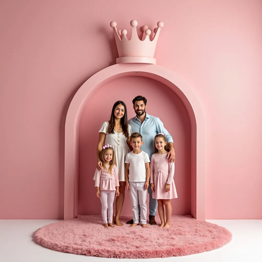 Prompt: a family posing for a picture in front of a pink backdrop with a crown on it and a pink rug, Americo Makk, incoherents, behance hd, a stock photo