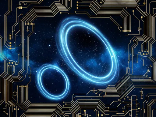 Prompt: This is a digitally created image featuring a cosmic theme with a futuristic, high-tech aesthetic. The background is a deep, dark navy blue, resembling the vastness of outer space, dotted with small, white, twinkling stars. In the center of the image, there are two glowing, luminous blue rings. The larger ring is positioned to the right and is slightly tilted, with a bright, neon-like glow that gives it a three-dimensional appearance. The smaller ring is located to the left, slightly below the larger ring, and is also glowing with a similar blue neon effect. Both rings have a soft, ethereal glow with a slightly translucent quality, creating a sense of movement and energy.

Surrounding the entire image is a complex, intricate pattern of golden circuit board lines and symbols, giving the impression that the cosmic elements are integrated into a high-tech, electronic environment. The circuit board pattern is detailed, with fine lines and small, connected components, adding a sense of complexity and modernity to the image. The contrast between the dark background, the glowing blue rings, and the golden circuit board creates a visually striking and futuristic composition.