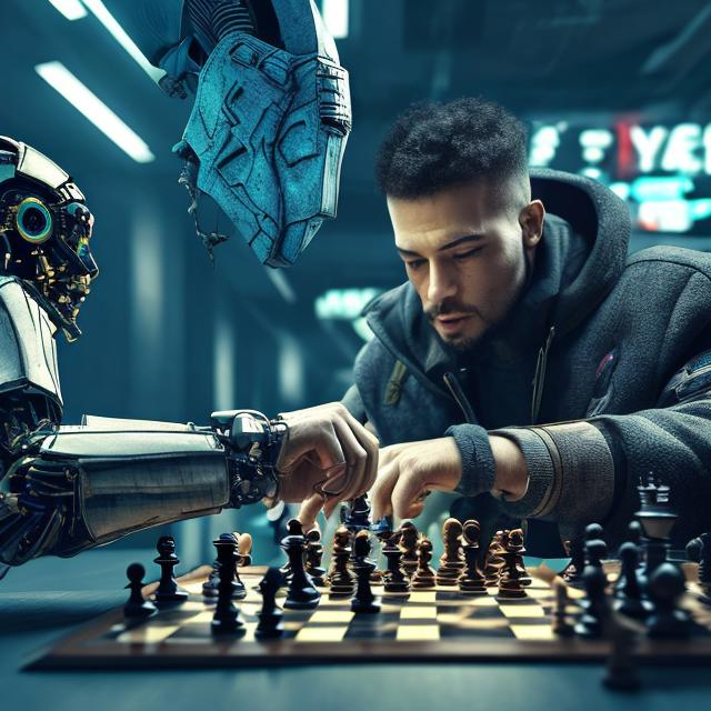 Prompt: a man play chess with a bot cyberpunk