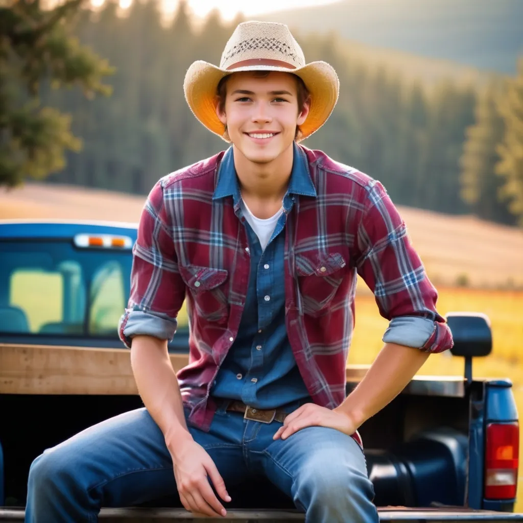 Prompt: Cute country boy sitting/leaning on the tail gate of his truck with his arms crossed, hot smirk on his face