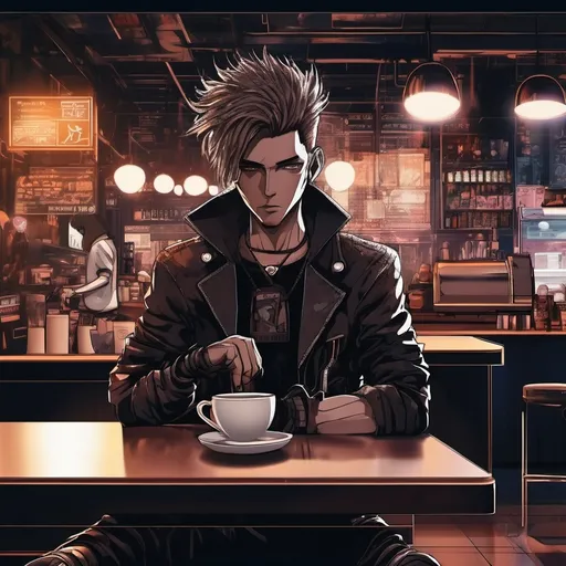 Prompt: Anime cyberpunk style, man in coffee shop, highly detailed, HD, dark background