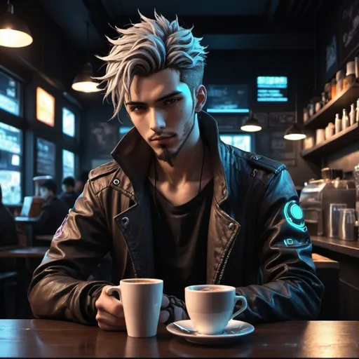 Prompt: Anime cyberpunk style, man in coffee shop, highly detailed, HD, dark background