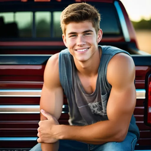 Prompt: Cute country boy sitting/leaning on the tail gate of his truck with his arms crossed, hot smirk on his face