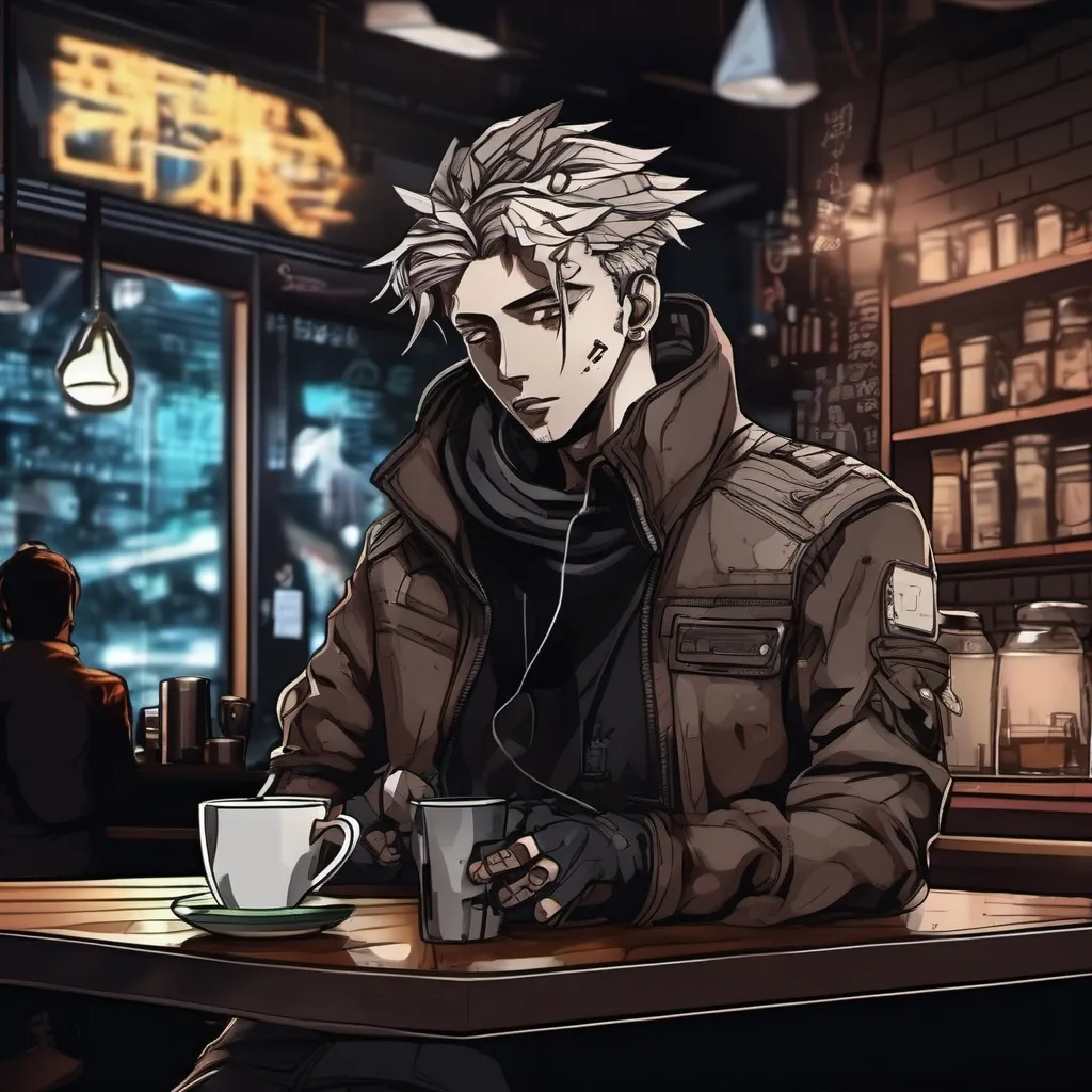 Prompt: Anime cyberpunk style, man in coffee shop, highly detailed, HD, dark background