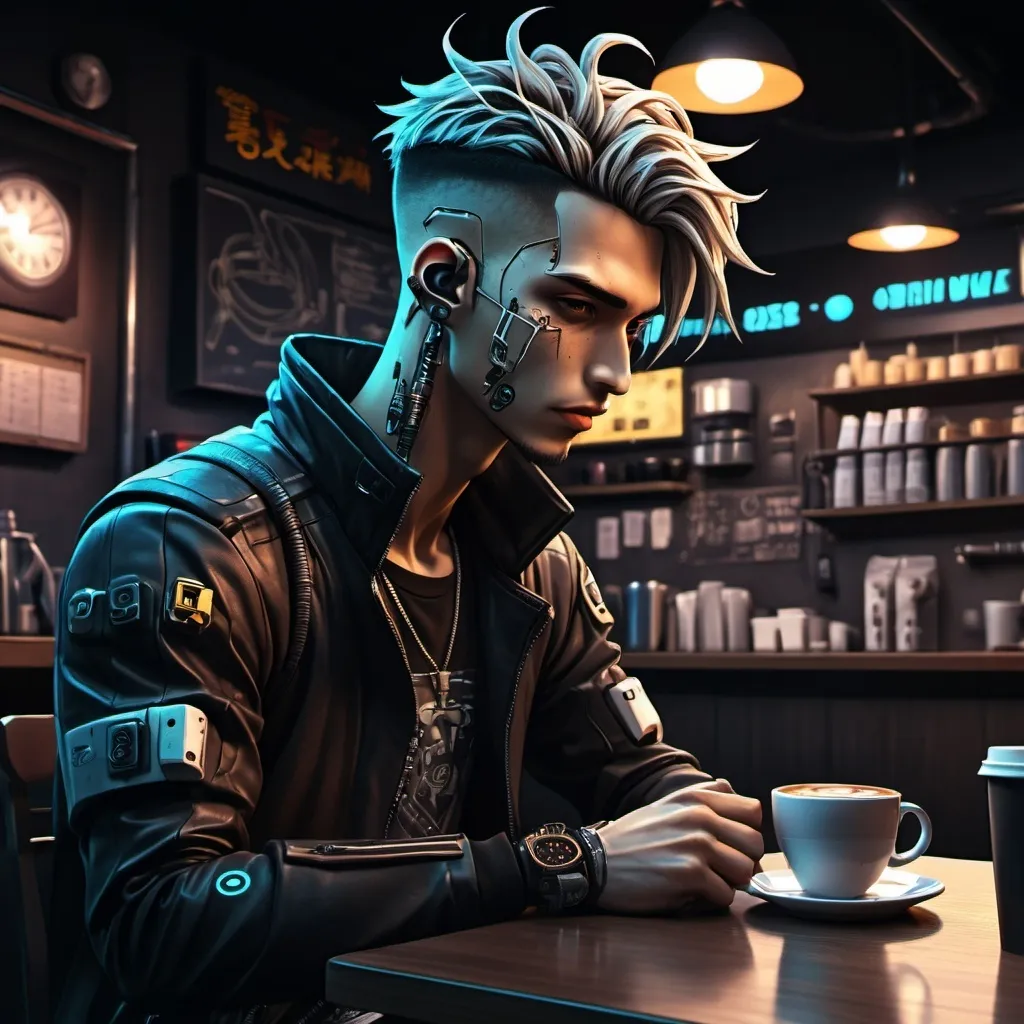 Prompt: Anime cyberpunk style, man in coffee shop, highly detailed, HD, dark background