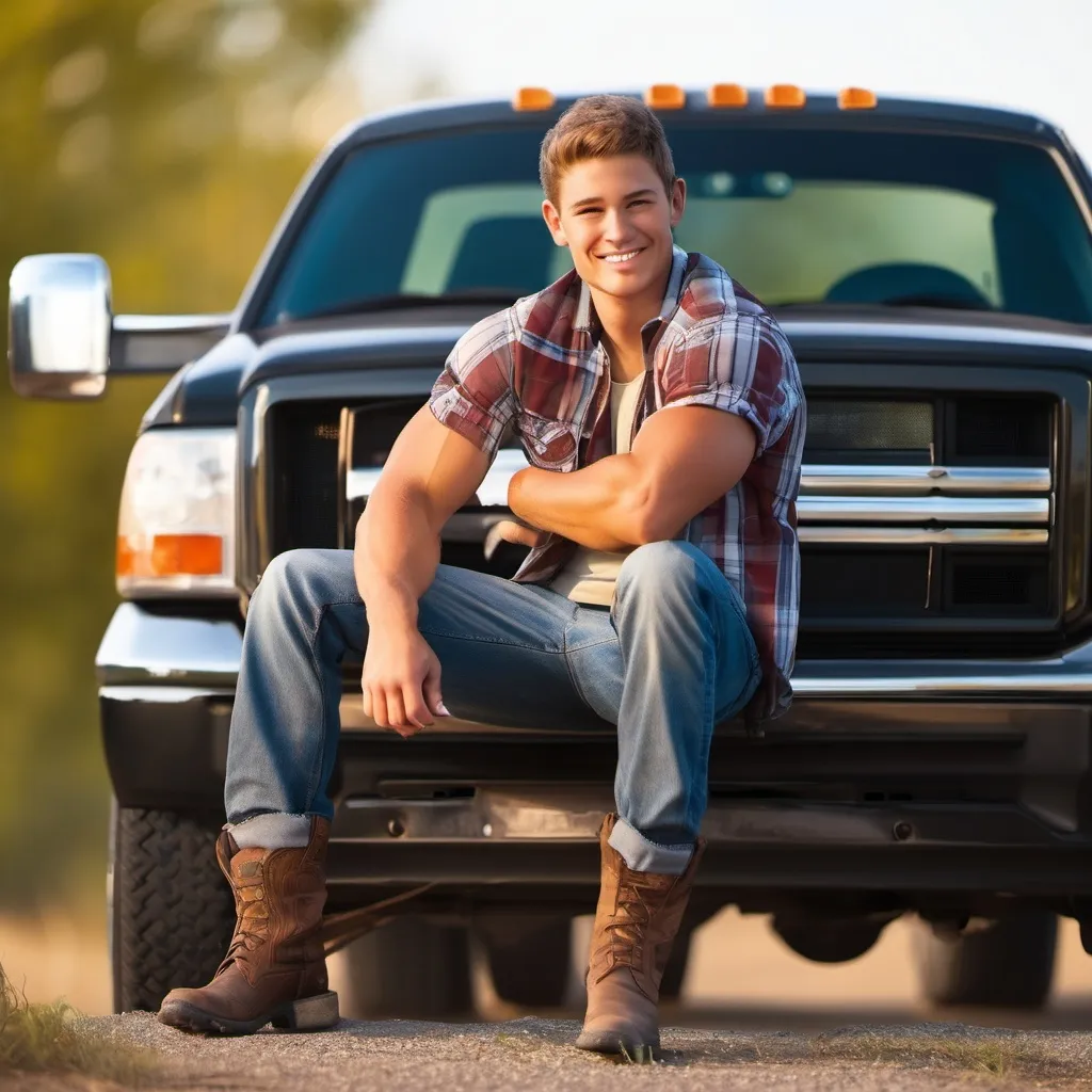 Prompt: Cute country boy sitting/leaning on the tail gate of his truck with his arms crossed, hot smirk on his face