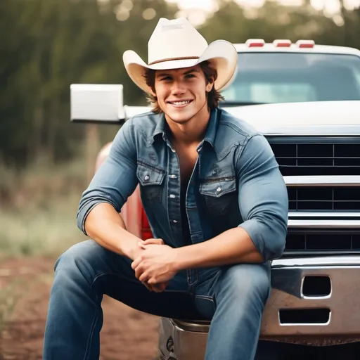 Prompt: Cute country boy sitting/leaning on the tail gate of his truck with his arms crossed, hot smirk on his face, in a cowboy hat