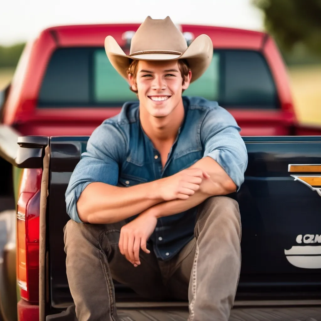 Prompt: Cute country boy sitting/leaning on the tail gate of his truck with his arms crossed, hot smirk on his face, in a cowboy hat