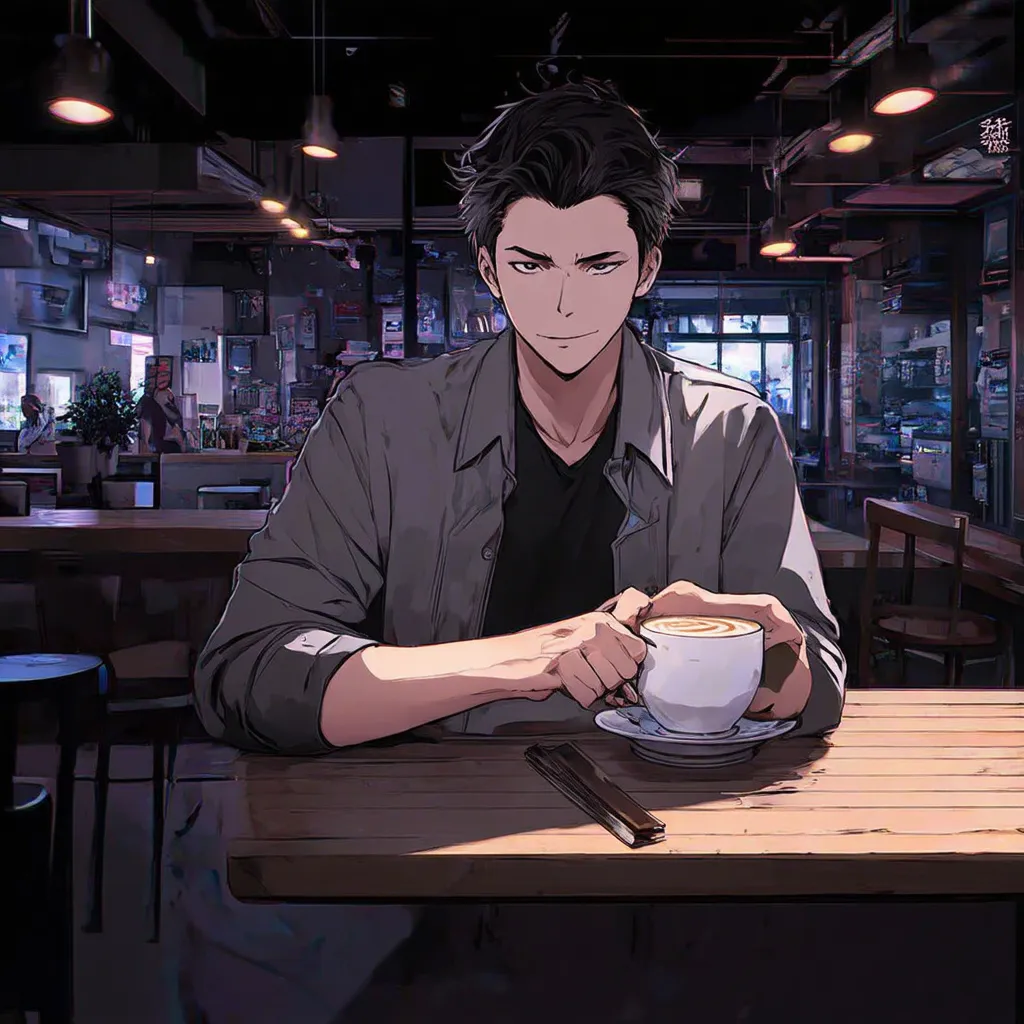 Prompt: Anime cyberpunk style, man in coffee shop, highly detailed, HD, dark background