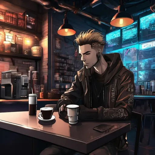 Prompt: Anime cyberpunk style, man in coffee shop, highly detailed, HD, dark background