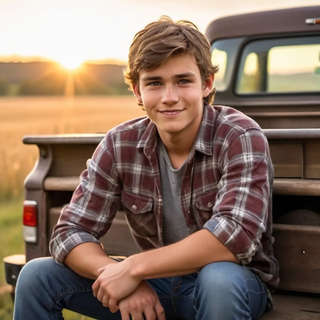 Prompt: Cute country boy sitting/leaning on the tail gate of his truck with his arms crossed, hot smirk on his face