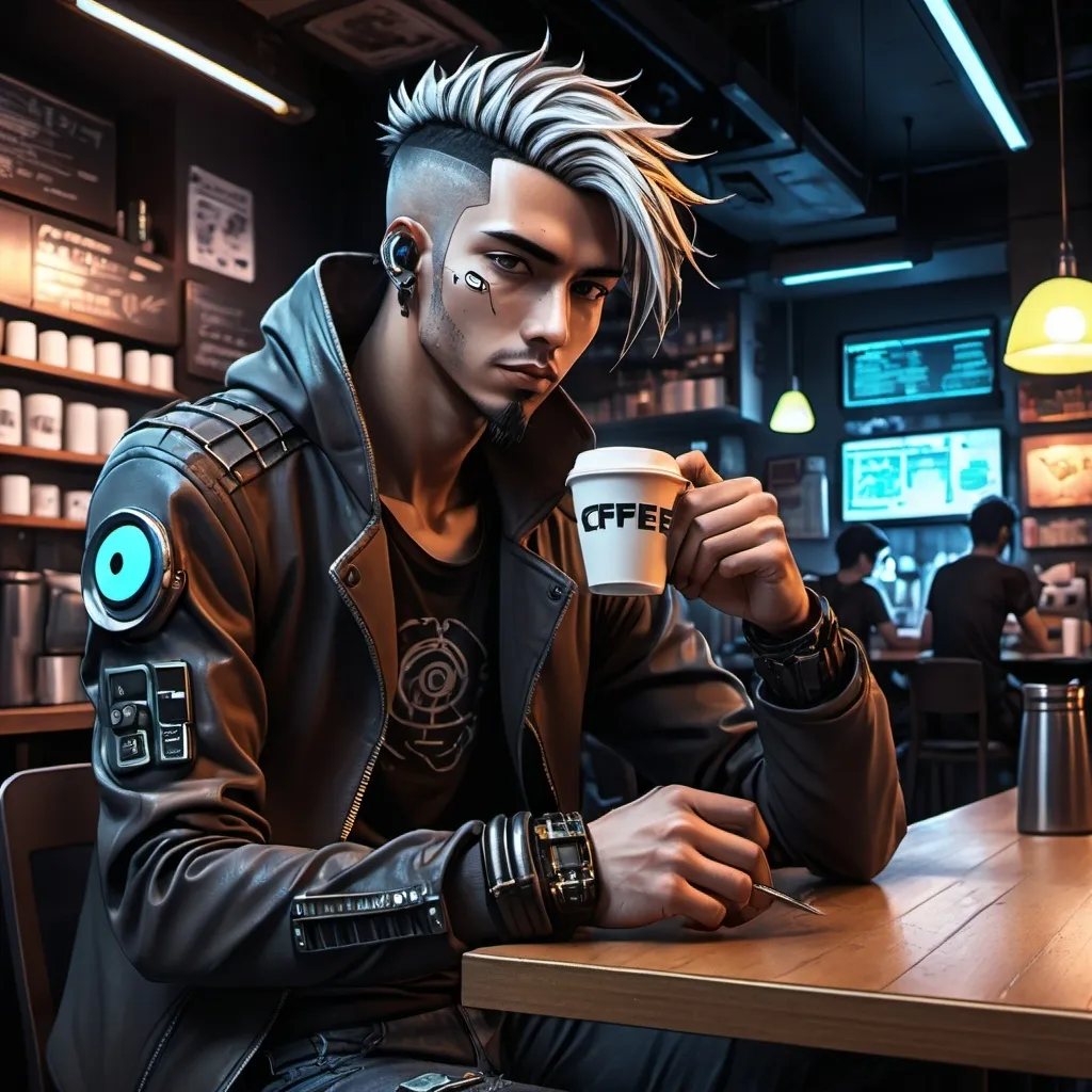 Prompt: Anime cyberpunk style, man in coffee shop, highly detailed, HD, dark background