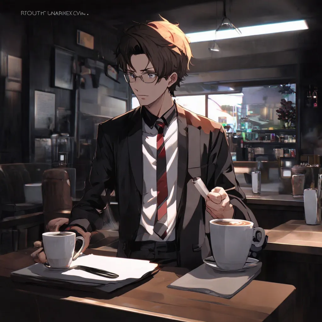 Prompt: Anime cyberpunk style, man in coffee shop, highly detailed, HD, dark background