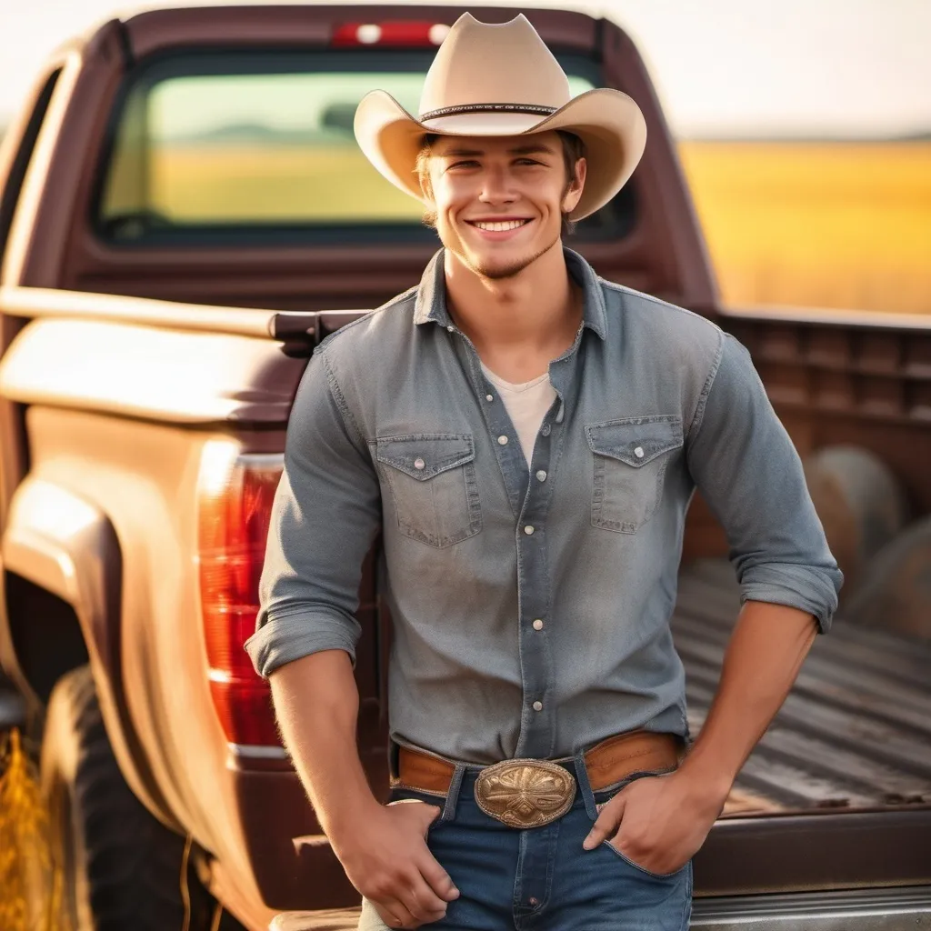 Prompt: Cute country boy sitting/leaning on the tail gate of his truck with his arms crossed, hot smirk on his face, in a cowboy hat