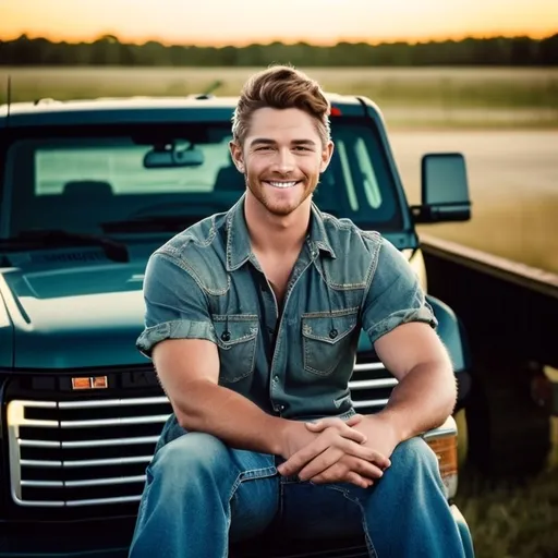 Prompt: Cute country boy sitting/leaning on the tail gate of his truck with his arms crossed, hot smirk on his face