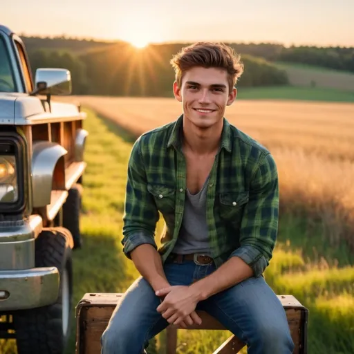 Prompt: Cute country boy sitting/leaning on the tail gate of his truck with his arms crossed, hot smirk on his face