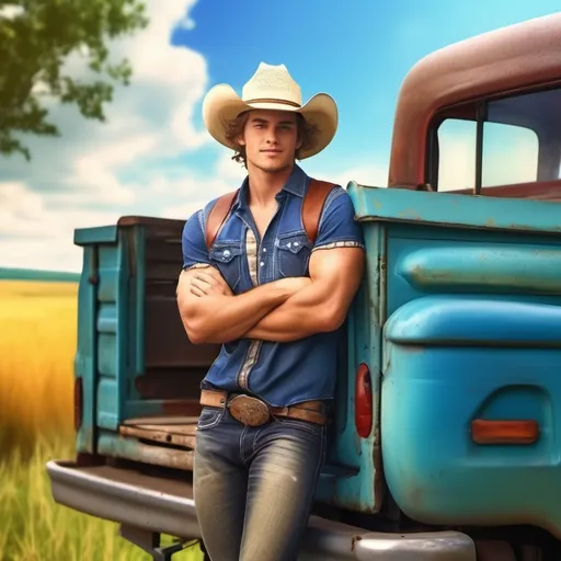 Prompt: Cute country boy sitting/leaning on the tail gate of his truck with his arms crossed, hot smirk on his face, in a cowboy hat